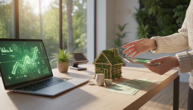 Nowoczesny dom jednorodzinny z panelami fotowoltaicznymi i zielonym ogrodem retencyjnym, symbolizujący nowoczesne finansowanie ekologii w 2026 roku.